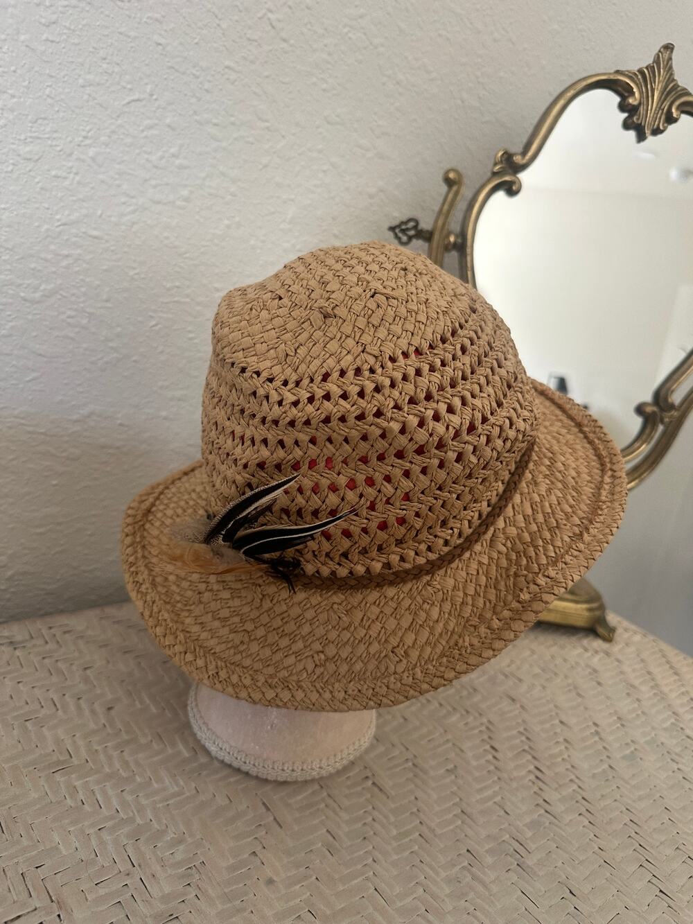 Vintage Woven Raffia Straw Sun Hat Feather Detail
